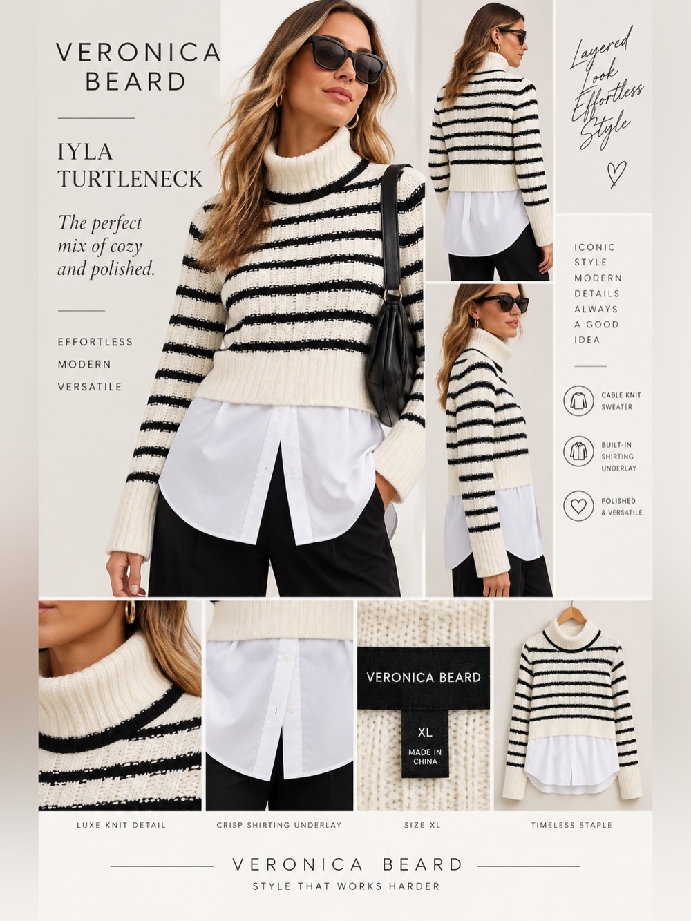Veronica Beard Iyla Black & White Layered Turtleneck Sweater Size XL NWOT